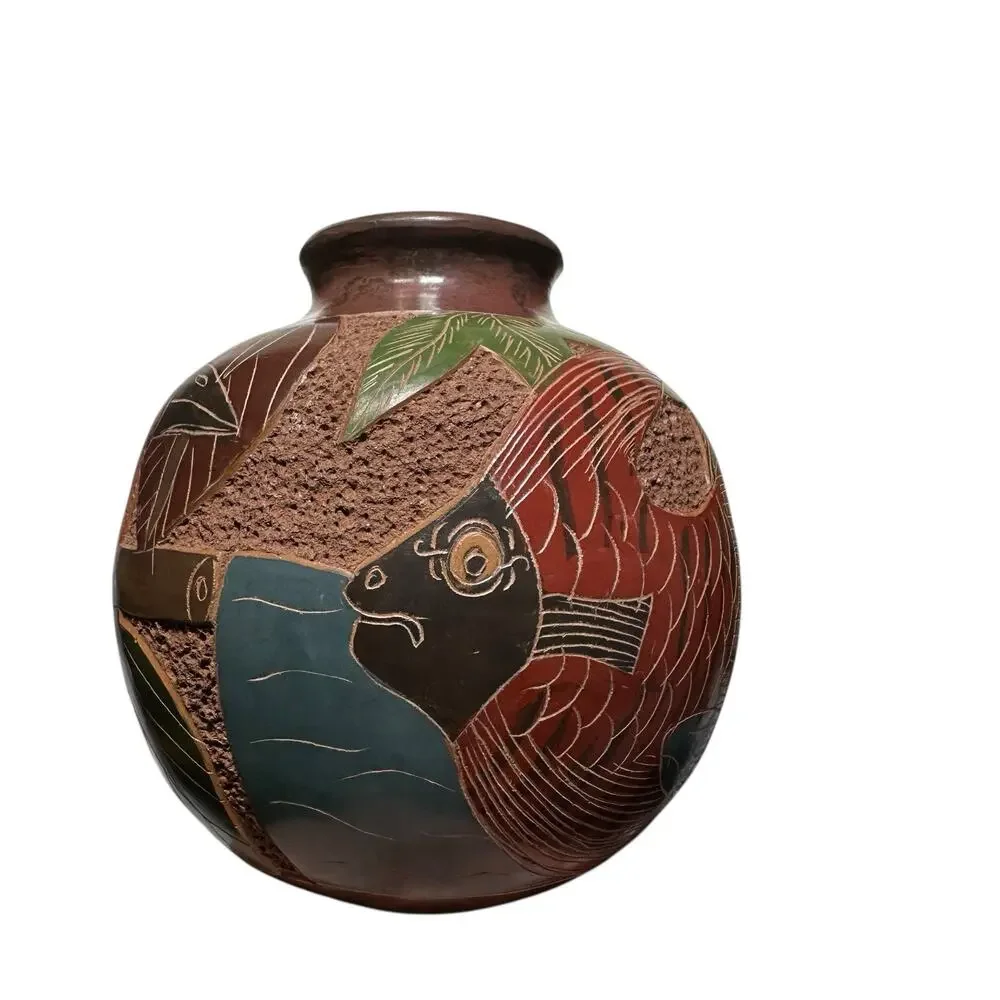 Nicaraguan Art Pottery Vase Hand Carved Monkey Butterfly